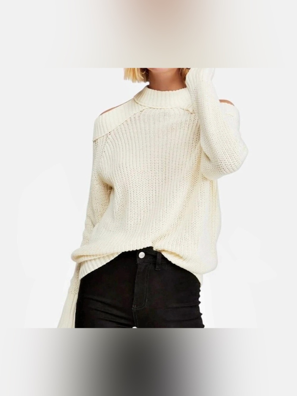 Free People White Cotton Cold Shoulder Cutout Back Sweater - Size XS